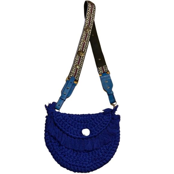Free People Indigo Blue Macramé Crescent Bag Slouchy Tassel Crossbody, New - Picture 2 of 9